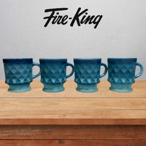 Anchor Hocking Fire-King Blue Kimberly Diamond Set of 4 Mugs